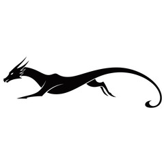 A sleek, black silhouette of a mythical dragon in a dynamic running pose.