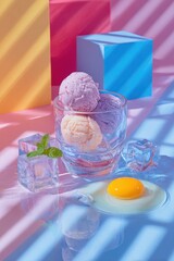 Colorful ice cream scoops in glass with egg yolk, ice cubes, in pastel light