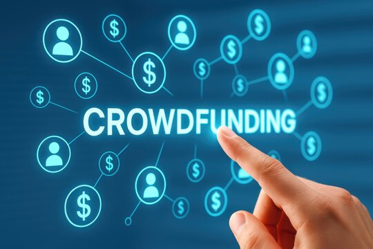 Digital Crowdfunding: Illustrative portrayal of crowdfunding concept, showcasing connections between contributors and the funding mechanism.