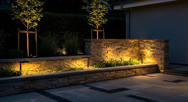 Twilight Garden: Stone Wall Aglow, Soft Outdoor Lighting