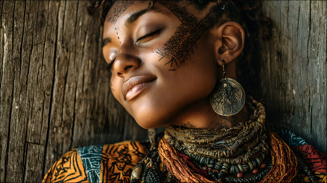 African woman with traditional scarification and jewelry on her neck closing her eyes for a moment against a natural wood texture