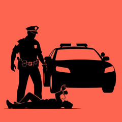 Police Officer Arresting Suspect by Patrol Car. © Anak