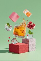 Refreshing drink splash with floating ice, fruit, cubes on green background