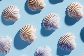 Pattern of seashells with shadows on pastel blue background, overhead view