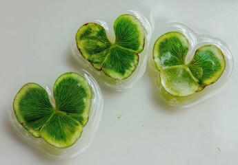 Three four-leaf clovers floating in water, surrounded by white background