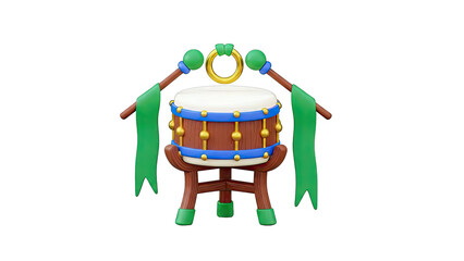 3D Render of a Festive Drum with Green Ribbons and Golden Accents