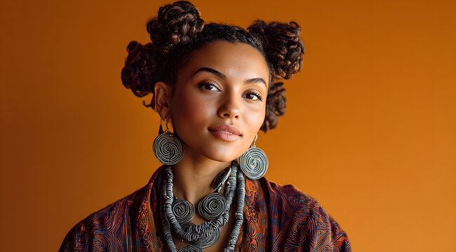 African american woman with bantu knots hairstyle. Celebrating Black History Month with traditional black female hair style. Beauty and culture.