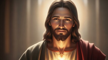 Obraz premium Man with long hair and beard in an ethereal glow, conceptualizing religious faith and spirituality for Christian themes and inspiration.