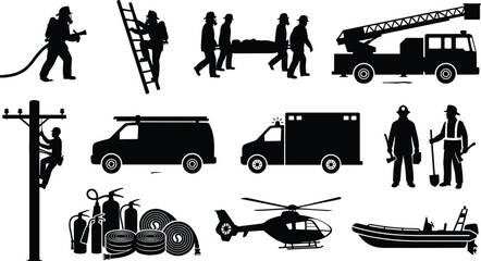 Emergency services silhouette set firefighters rescue team ambulance helicopter equipment icons isolated on white background vector illustration design collection graphic © Rokeya