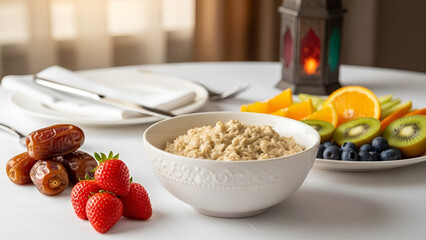 Healthy breakfast table setting with fruits and oatmeal
