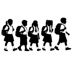 Silhouette of Students Walking to School in Uniforms.