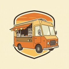 Orange food truck illustration with shield background