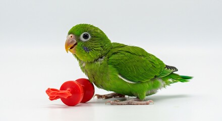 Vibrant green parrot chick playfully stands next to a red toy bathed in soft studio light. AI Generated