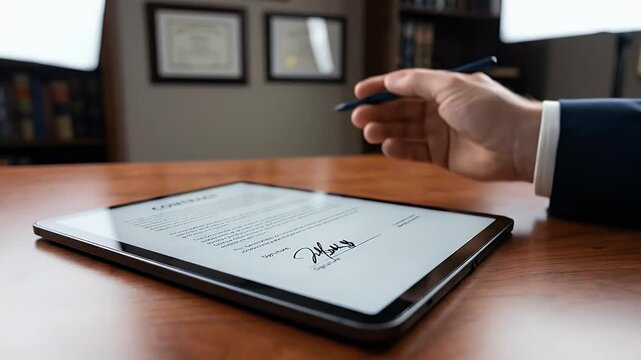 Professional businessman signing electronic legal contract on digital tablet with stylus