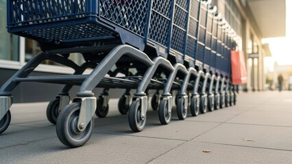 Row of empty blue shopping carts on a concrete floor outside a store