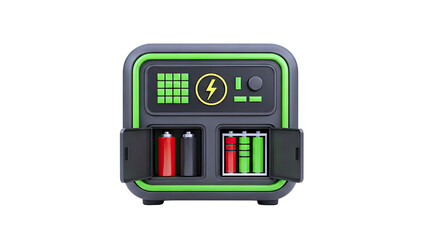 Battery charging station with colorful batteries and digital display