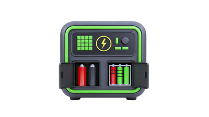 Battery charging station with colorful batteries and digital display