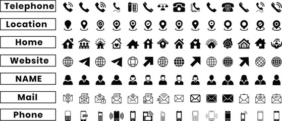 Contact info vector icon set on profile, user, website, mail, phone, call, telephone, address, globe, location, home, house, web, business card