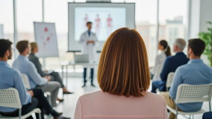 Obraz premium Businesswoman attending a presentation in a conference room with a speaker
