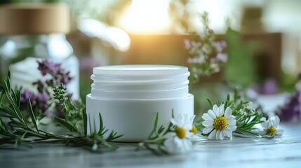 Open white cosmetic cream jar sits surrounded by fresh green herbs and delicate chamomile flowers suggesting natural skincare preparation bathed in soft sunlight