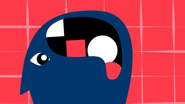 Animation of a head with shapes inside, depicting psychology, thinking, and mindset