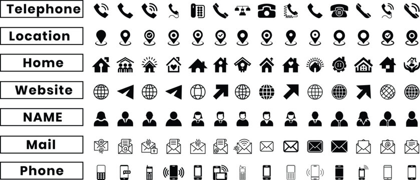 Contact info vector icon set on profile, user, website, mail, phone, call, telephone, address, globe, location, home, house, web, business card