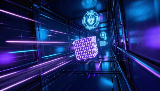encrypted data packets traveling through secure tunnel with cinematic motion visualization perfect for data privacy day