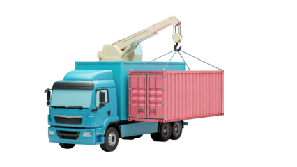 Blue Truck Loading Pink Shipping Container with Crane