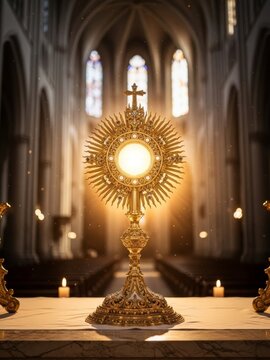 illuminated golden monstrance on an altar in a church. Eucharistic adoration and worship. Religious ceremony and Easter concept.