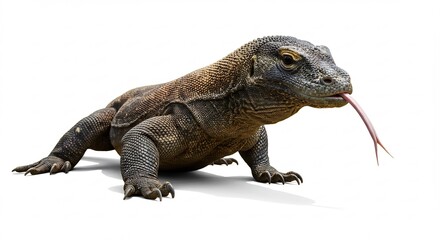 Obraz premium Powerful monitor lizard sensing with its long tongue isolated on a bright white studio background. AI Generated
