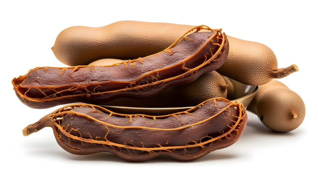 Close-up of fresh tamarind pods on imli on white background