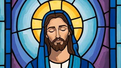 Serene Jesus Christ Portrait in Stained Glass Style with Sacred Light