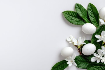 Easter eggs and white flowers with green leaves corner arrangement on white