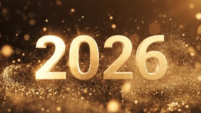 Golden numbers create a sparkling effect against a blurred background of shimmering particles
