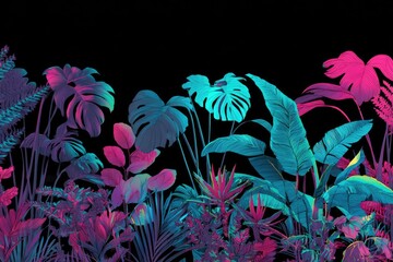 Vibrant tropical leaves in neon hues against a stark black background