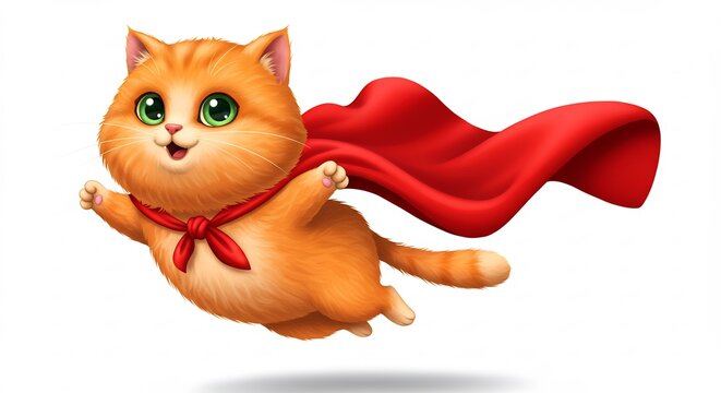 Adorable orange kitten hero with a red cape flying brightly lit with soft cheerful cartoon style vibrant digital art. AI Generated