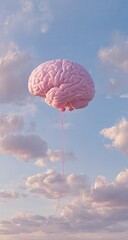 Pink brain-shaped balloon floats against a soft, cloudy blue and pink sky