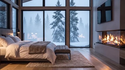 Luxurious modern bedroom with a breathtaking snowy winter forest view through expansive windows, complemented by a warm, inviting fireplace creating the ultimate cozy retreat