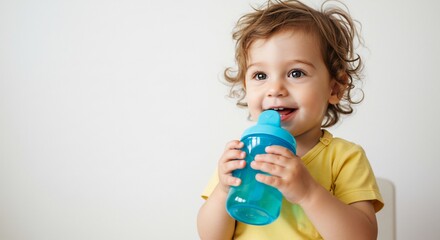 Happy toddler actively drinks from a vibrant blue sippy cup with a cheerful grin bathed in soft bright light. AI Generated