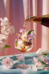 Dessert being poured into a glass with flowers against a pink backdrop