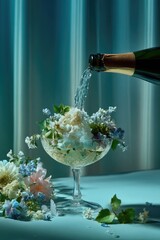 Champagne pouring into a glass filled with flowers