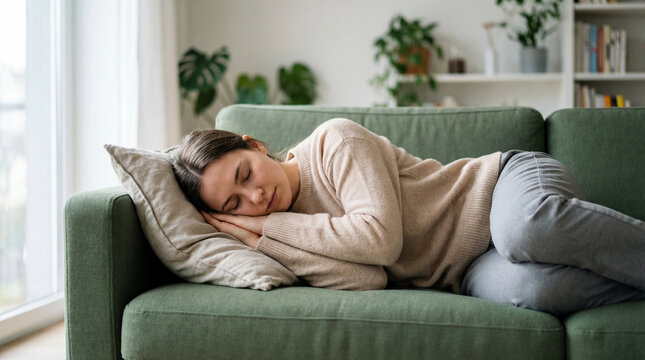 A woman enjoys a restful nap on a cozy sofa in a modern living room, representing a moment of relaxation.