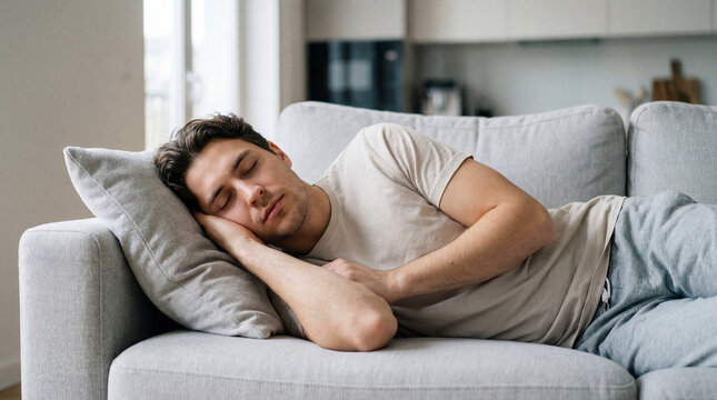 A man takes a peaceful nap on a comfortable couch in a living room, embodying tranquility and relaxation.