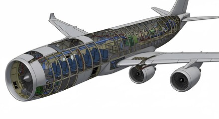 Detailed 3D model of an aircraft revealing its intricate internal structure cabin layout and powerful engine components. AI Generated