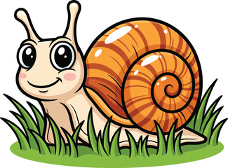 Cute smiling cartoon snail with a shiny striped orange spiral shell resting in green grass. © Alisya Design
