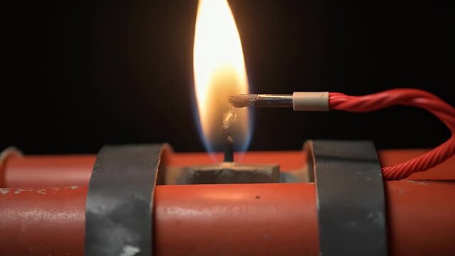 Dynamite detonation fuse ignites fire and red wire starting countdown