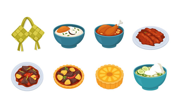 Indonesian Traditional Food for Eid Al-Fitr Collection, Ketupat, Opor Ayam, Rendang, and Festive Dish Vector Icon Set