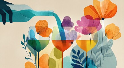 Vibrant florals backdrop wine being poured into glasses, translucent overlay