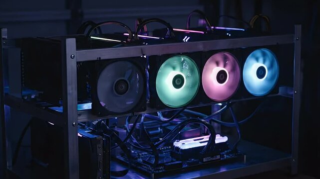 Advanced GPU mining rig with RGB cooling fans for cryptocurrency operations