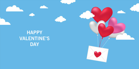 Valentines Day greeting card Creative concept. Trendy minimalist design with pink sky and 3d red and pink balloon hearts frame. Cute love sale banner greeting card. Valentine's day, vertical banners.
